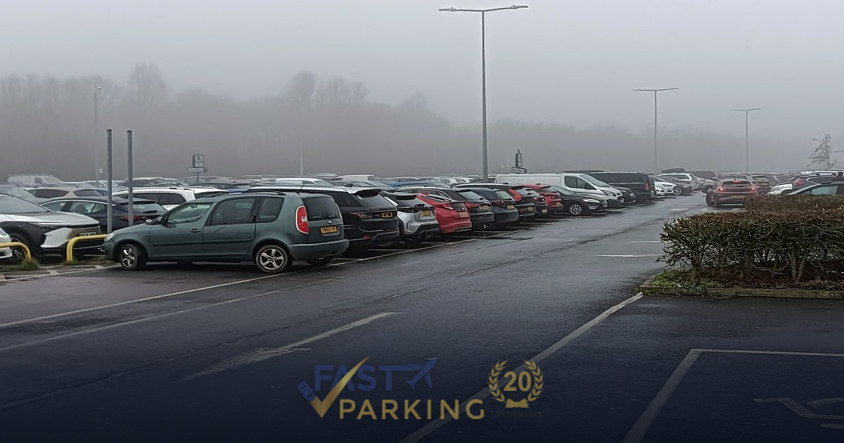 Row of cars in a long-stay airport car park, sample photo not of the Fast Parking facility